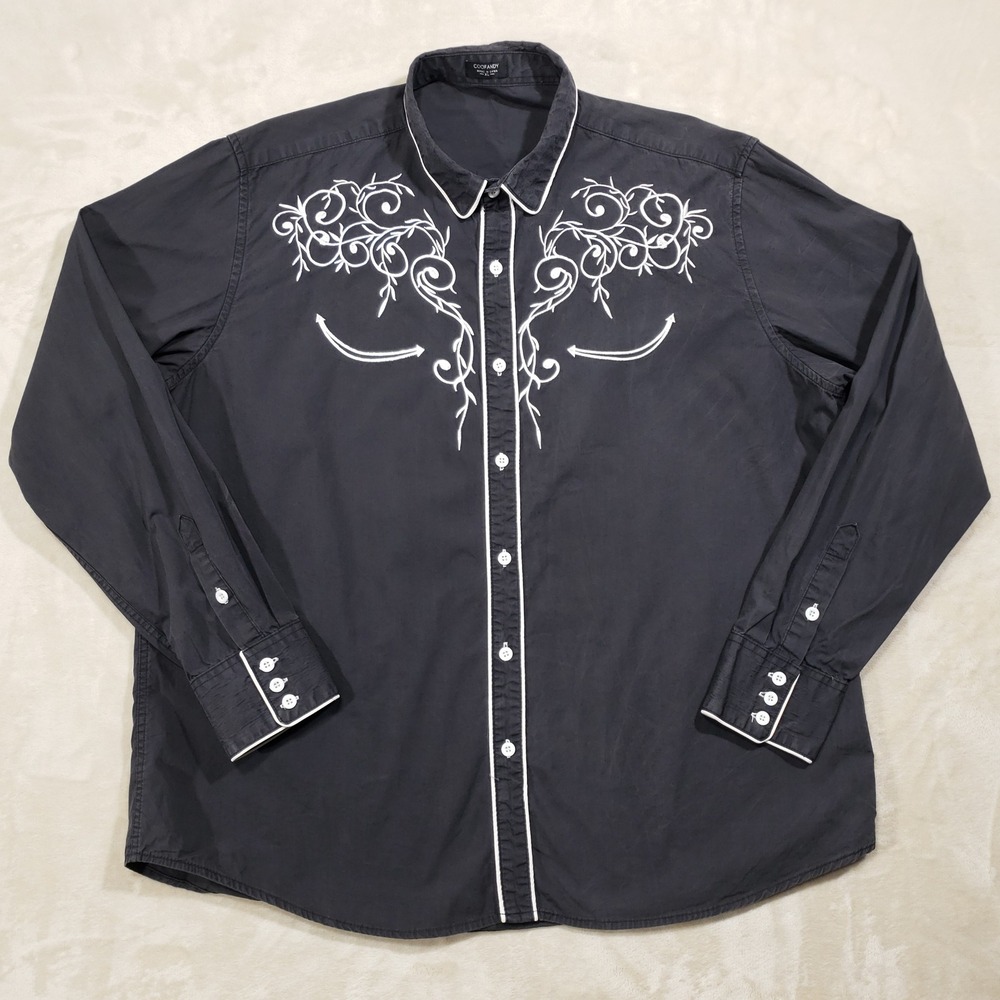 Western Cowboy Rockabilly Coofandy Button-Down Shirt Mens XL Black Embroidered